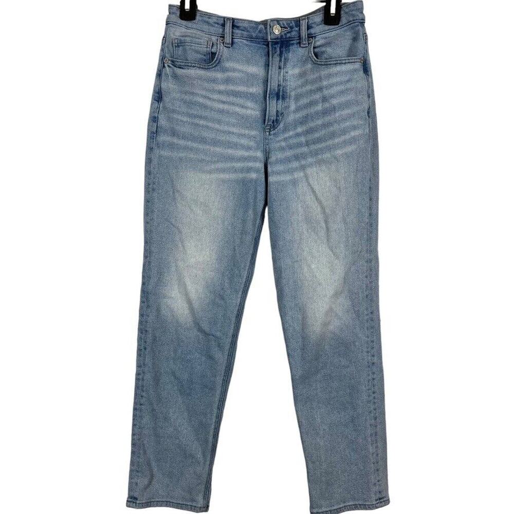American Eagle Mom Straight Leg Jeans Blue High Rise Distressed Medium Wash sz 8